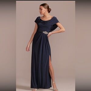 NWT Alex Evenings Navy Matte Jersey Pleated Cowlneck Sheath  Dress -  Size 6